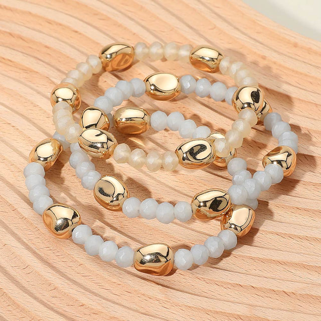 Madeline Love Gold, Neutral 3PCS - Worn Metal Pebble Beaded Stretch Multi Layered Bracelets