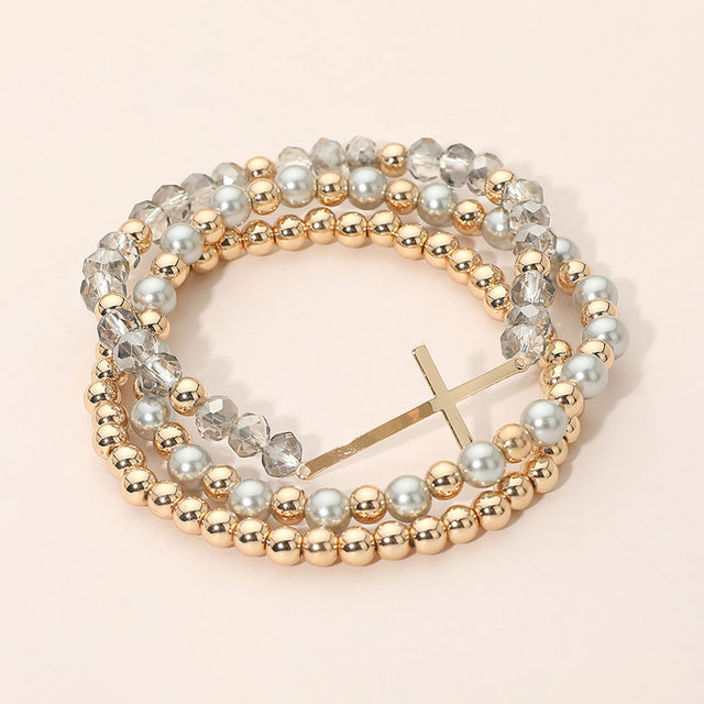 Madeline Love Black Diamond, Gray Cross Charm Pearl Metal Ball Faceted Beaded Stretch Multi Layered Bracelets