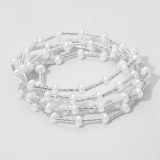 Madeline Love Rhodium 5PCS - Flat Pearl Textured Metal Bar Beaded Stretch Multi Layered Bracelets