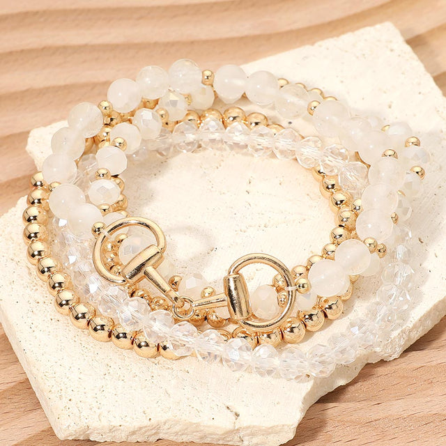 Madeline Love White Horsebit Buckle Charm Accent Faceted Beaded Stretch Multi Layered Bracelets