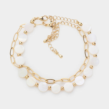 Madeline Love Gold, Mother of Pearl Mother Of Pearl Disc Station Paperclip Metal Chain Layered Bracelet - Bracelets