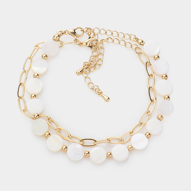 Madeline Love Gold, Mother of Pearl Mother Of Pearl Disc Station Paperclip Metal Chain Layered Bracelet - Bracelets