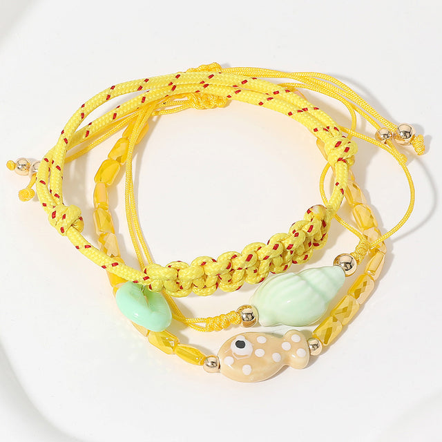 Gold, Yellow 3PCS - Ceramic Fish Puka Shell Miter Shell Charm Beaded Braided Cinch Pull Tie Bracelets