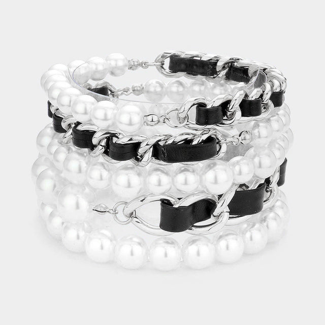 Madeline Love Black, Rhodium 5PCS - Faux Leather Braided Pearl Beaded Multi Layered Bracelets