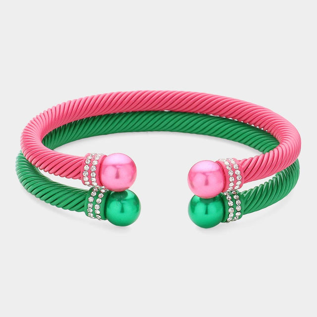 Madeline Love Pink&Green 2PCS - Stone Paved Pearl Pointed Tip Double Cuff Bracelets - Jewelry