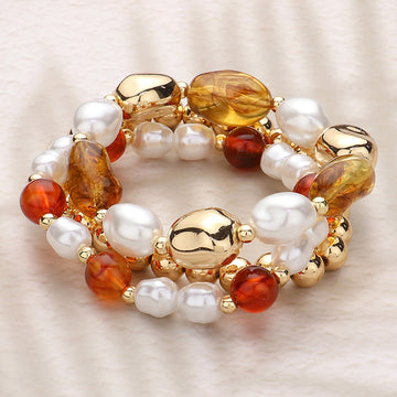 Madeline Love Brown, Gold 3PCS - Pearl Metal Glass Beaded Stretch Multi Layered Bracelets