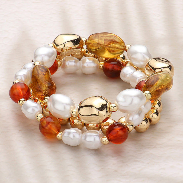 Madeline Love Brown, Gold 3PCS - Pearl Metal Glass Beaded Stretch Multi Layered Bracelets