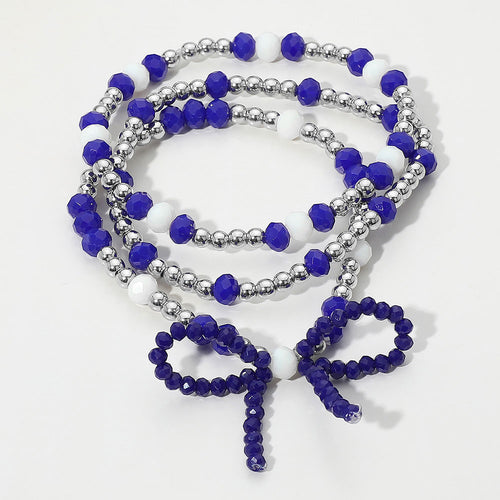 3PCS - Sports Team Theme Colored Bow Accent Faceted Beaded Stretch Multi Layered Bracelets - Blue, Rhodium, White