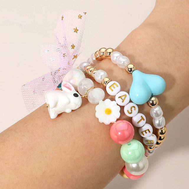 Madeline Love Gold, Multi 3PCS - Easter Bunny Bow Heart Pearl Flower Beaded Stretch Multi Layered Bracelets