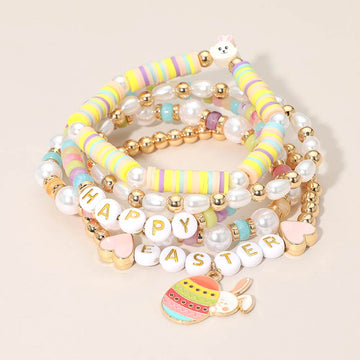 Madeline Love Gold, Multi 5PCS - HAPPY EASTER Bunny Heart Charm Heishi Beaded Stretch Multi Layered Bracelets