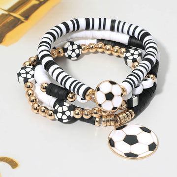Madeline Love Black, Gold, White 4PCS - Soccer Charm Heishi Beaded Stretch Multi Layered Bracelets