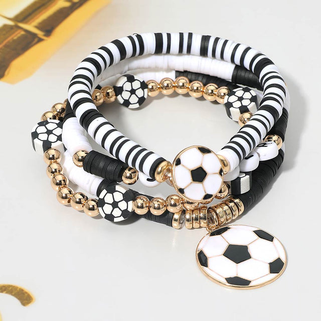 Madeline Love Black, Gold, White 4PCS - Soccer Charm Heishi Beaded Stretch Multi Layered Bracelets