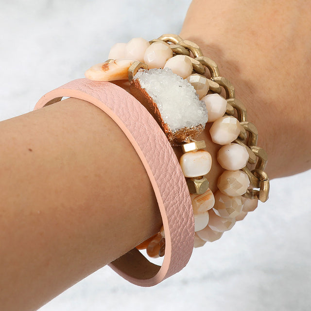 Madeline Love Multi, Neutral 4PCS -Genuine Druzy Accented Bead Stretch Layered Bracelets