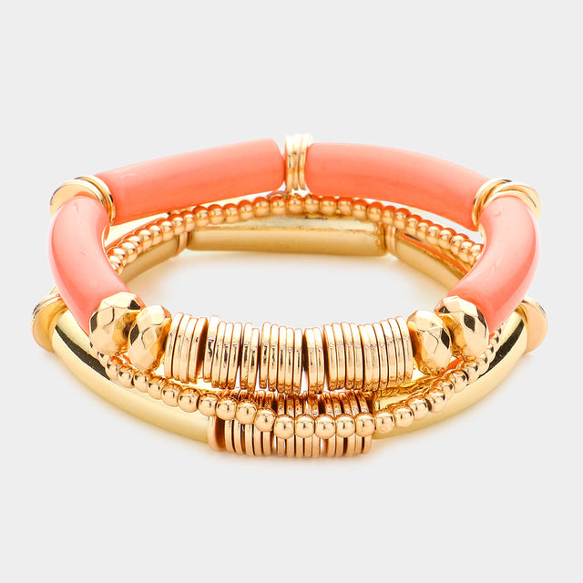 Madeline Love Pink Resin Heishi Beaded Stretch Multi Layered Bracelets