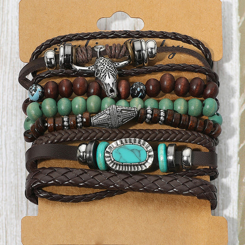 6PCS - Unisex Western Theme Steerhead Turquoise Charm Accent Adjustable Wood Beaded Stretch Multi Layered Bracelets - Assorted