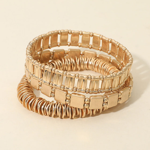 Madeline Love Worn Gold 3PCS - Various Metal Beaded Stretch Multi Layered Bracelets