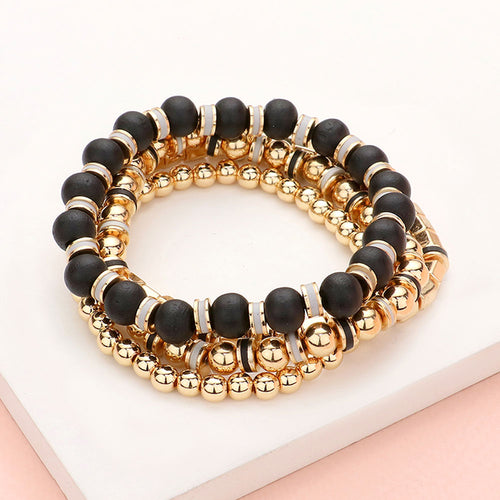 4PCS - Wood Ball Metal Beaded Stretch Bracelets - Black