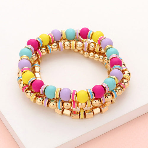 4PCS - Wood Ball Metal Beaded Stretch Bracelets - Multi, Pink