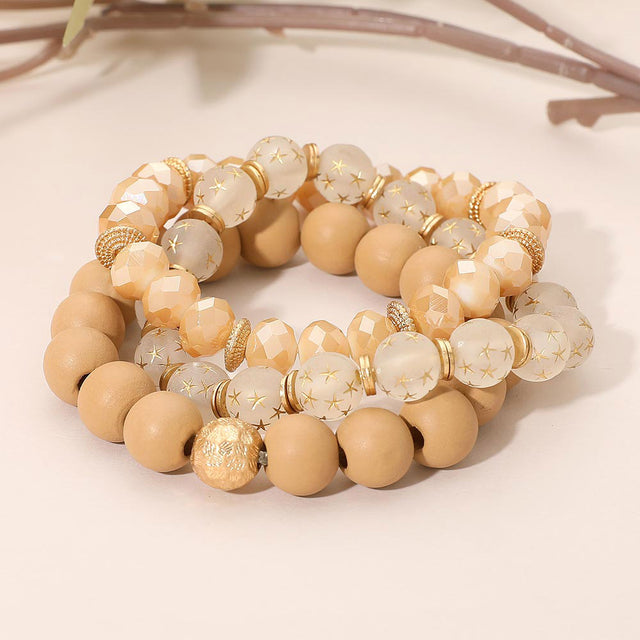 Madeline Love Neutral 3PCS - Stackable Wooden Faceted Beaded Stretch Multi Layered Bracelets