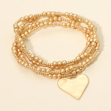 Madeline Love Gold 4PCS - Brushed Hammered Metal Heart Plate Charm Accent Metal Ball Beaded Stretch Multi Layered Bracelets
