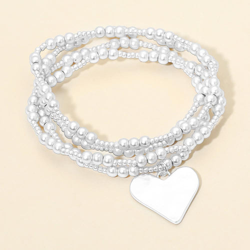 4PCS - Brushed Hammered Metal Heart Plate Charm Accent Metal Ball Beaded Stretch Multi Layered Bracelets - Silver