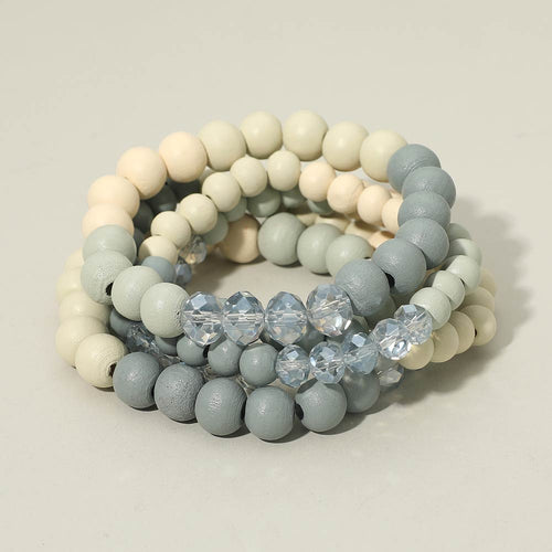 5PCS - Faceted Wooden Beaded Stretch Multi Layered Bracelets - Light Blue