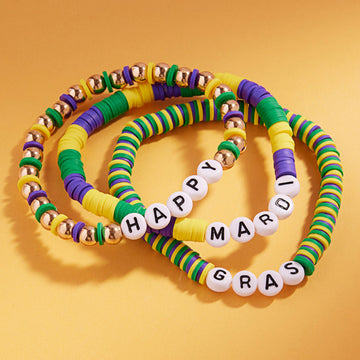 Gold 3PCS - HAPPY MARDI GRAS Message Beaded Stretch Multi Layered Bracelets