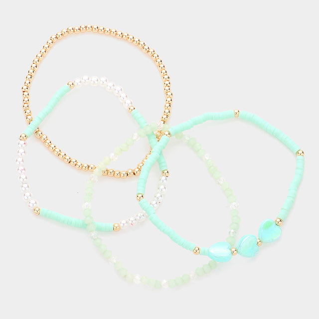 4PCS - Heart Pearl Heishi Beaded Stretch Bracelets - Mint - Bracelets