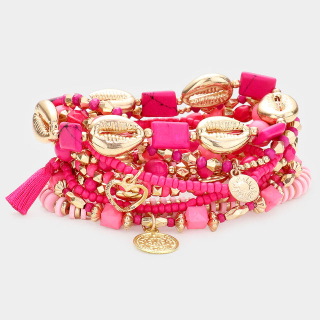 Fuchsia 10PCS - Multi Bead Metal Puka Shell Heart Coin Disc Tassel Charm Layered Bracelets