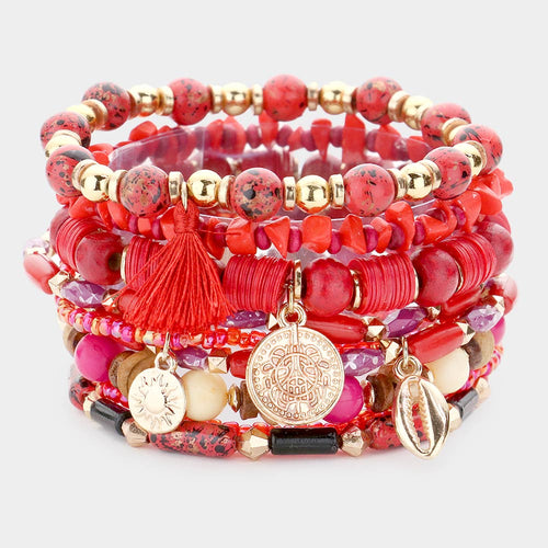 9PCS - Metal Coin Puka Shell Charm Multi Beaded Stretch Bracelets - Red