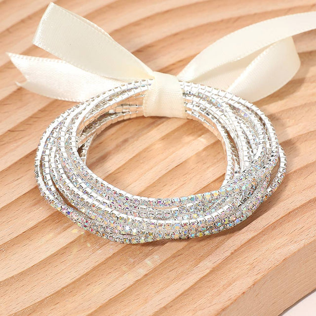 Madeline Love AB, Silver Ribbon Slim Rhinestone Stretch Multi Layered Bracelet