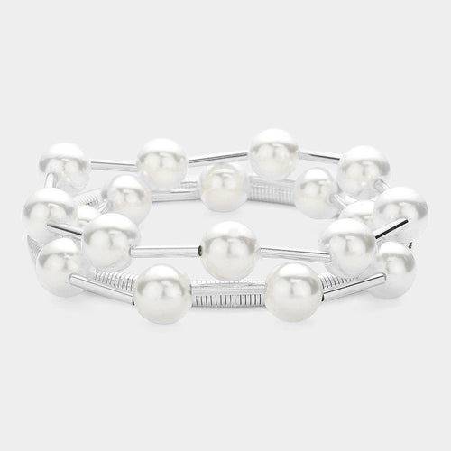 3PCS - Pearl Station Metal Coil Stretch Multi Layered Bracelets - Cream, Rhodium