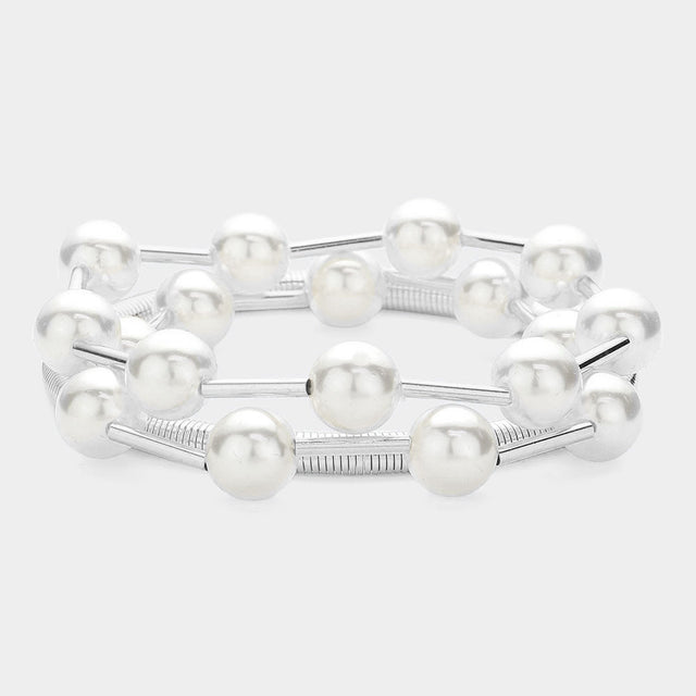 Madeline Love Cream, Rhodium 3PCS - Pearl Station Metal Coil Stretch Multi Layered Bracelets