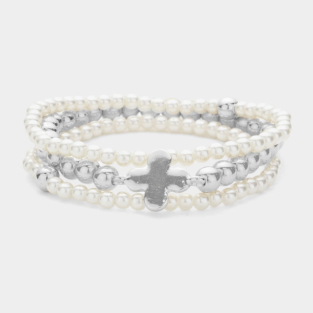 Madeline Love Cream, Rhodium 3PCS - Quatrefoil Pointed Pearl Stretch Multi Layered Bracelets