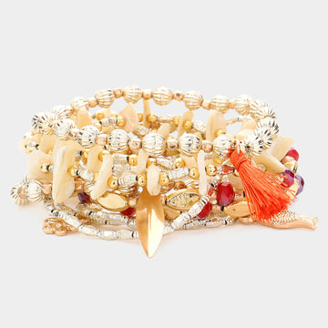 Madeline Love Gold 10PCS - Swirl Metal Disc Tassel Charm Mother Of Pearl Beaded Fish Flower Charms Stretch Multi Layered Bracelets