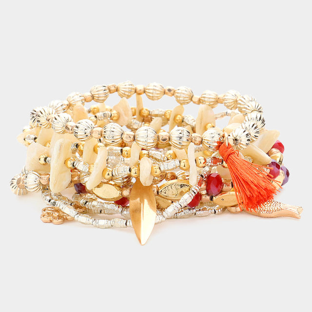 Madeline Love Gold 10PCS - Swirl Metal Disc Tassel Charm Mother Of Pearl Beaded Fish Flower Charms Stretch Multi Layered Bracelets