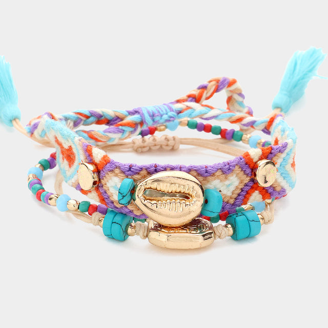 Turquoise 3PCS - Metal Puka Shell Pointed Aztec Pattern Thread Braided Metal Charm Pointed Adjustable Multi Beaded Stretch Bracelets