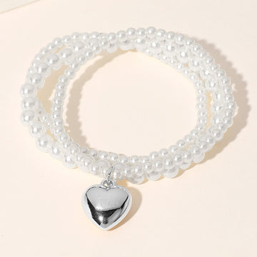 Madeline Love Cream, Silver 3PCS - Metal Heart Charm Pointed Pearl Beaded Stretch Multi Layered Bracelets