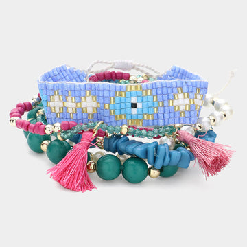 Madeline Love Multi 6PCS - Tassel Pointed Faceted Beaded Pearl Stretch Evil Eye Pointed Beaded Cinch Pull Tie Multi Layered Bracelets