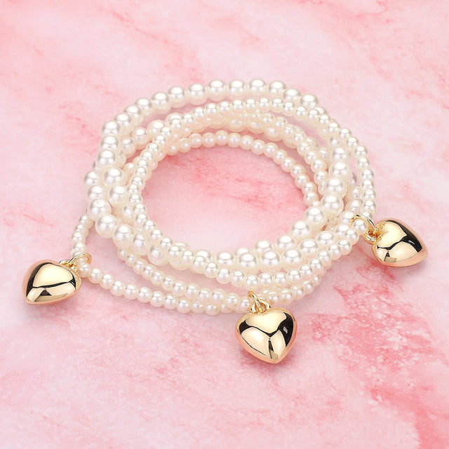 5PCS - Metal Heart Charm Pearl Beaded Stretch Multi Layered Bracelets - Cream Gold - Bracelets