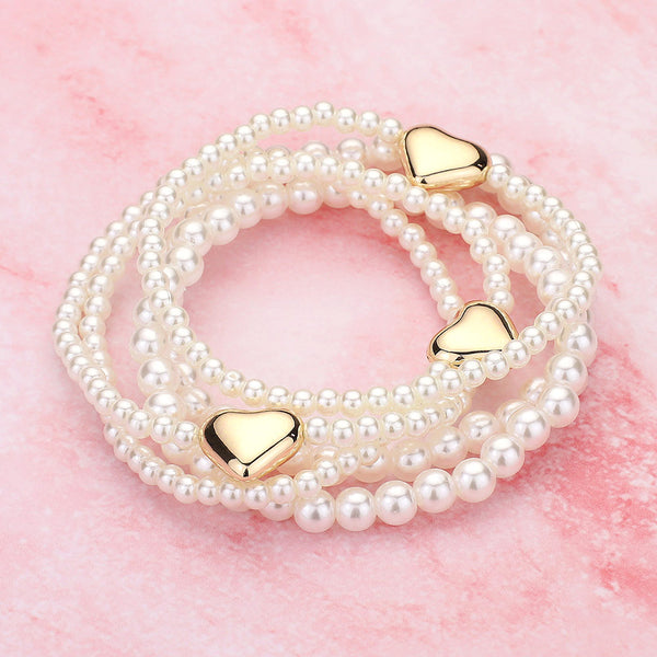 5PCS - Metal Heart Pearl Beaded Stretch Multi Layered Bracelets