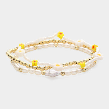 Madeline Love Mother of Pearl, Multi 3PCS - Mother Of Pearl Flower Quatrefoil Pointed Beaded Multi Layered Bracelets