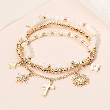Madeline Love Gold, White 3PCS - Cross Flower Star Sunburst Charm Pearl Metal Ball Faceted Beaded Stretch Multi Layered Bracelets