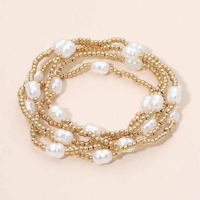 Madeline Love Cream, Gold Pearl Station Beaded Stretch Multi Layered Bracelets