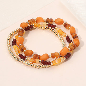 Madeline Love Brown, Gold 3PCS - Resin Pebble Metal Ball Beaded Stretch Multi Layered Bracelets