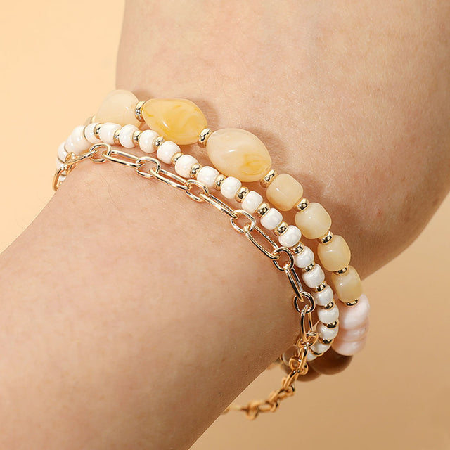 Madeline Love Gold, Ivory Pebble Beaded Stretch Metal Link Chain Multi Layered Bracelets