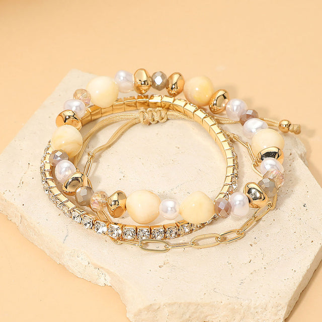 Madeline Love Beige, Gold Pearl Faceted Beaded Rhinestone Stretch Paperclip Chain Multi Layered Bracelets