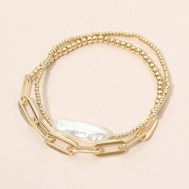 Madeline Love Cream, Gold Pearl Accent Paperclip Beaded Stretch Multi Layered Bracelets