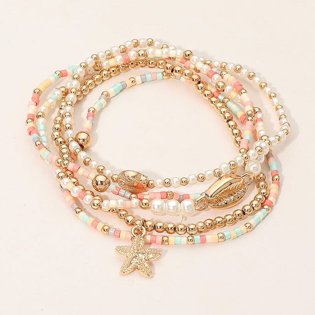 Madeline Love Multi 5PCS - Starfish Seashell Charm Pearl Seed Beaded Stretch Multi Layered Bracelets