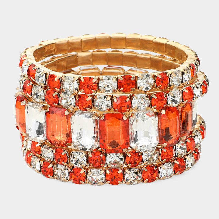 Clear Gold Orange 5PCS - Emerald Cut Round Stone Stretch Evening Bracelets